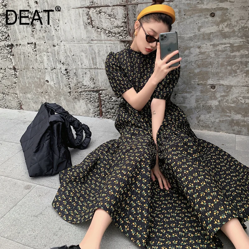 DEAT 2020 round neck puff sleeves flower printed high waist big bottoms franch styles pullover dress female vestido WL76209L | Женская