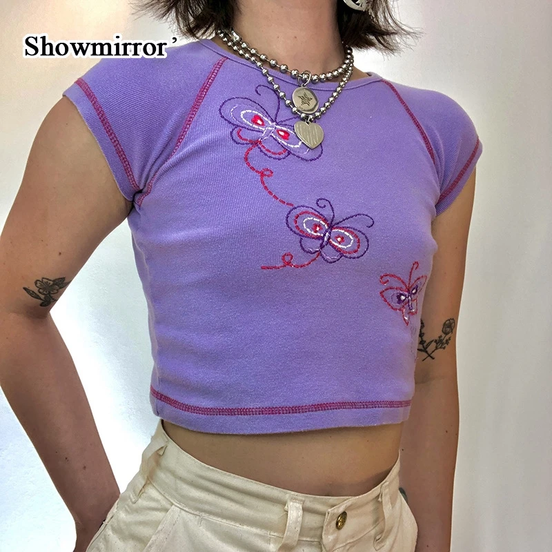 

Милая летняя укороченная футболка Showmirror с коротким рукавом, Женская Повседневная модная футболка с вышивкой-бабочкой, Женская Базовая хлоп...