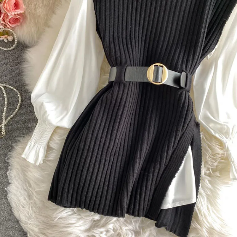 

2021 spring autumn women's lantern sleeve shirt knitted vest two piece sets of College style waistband vest two sets top
