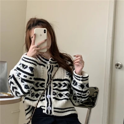 

Suitlionbutf Sweet 2020 Autumn Knitted Women Cardigan Woven Pattern Single Breasted Short Pull Femme Thicken Soft Warm Cardigans