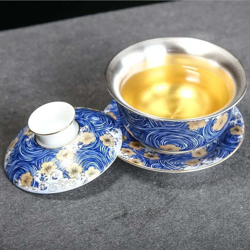

"Звездная ночь" цвет эмаль 999 серебряный лайнер Gaiwan расписанный вручную керамический чай Tureen чайный набор кунг-фу китайский чайный сервиз