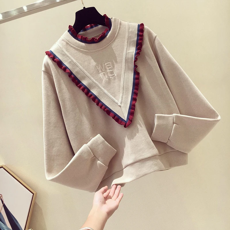 apricot sweatshirt Woherb винтажная модная толстовка с круглым вырезом и длинным рукавом, повседневные свободные толстовки в стиле пэчворк, осенне-зимняя женская одежда, Корейская Новинка 91182 - Цвет: apricot sweatshirt