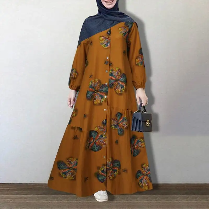 

Kaftan Print Dress Abaya Morocco Long Maxi Dress ZANZEA Women Spring Muslim Dress Casual Long Sleeve Sundress Vestidos Plus Size
