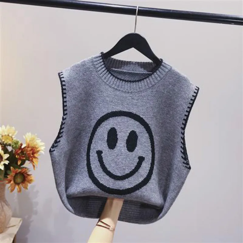 

2021 Spring New Korean Loose Cartoon Smiley Jacquard Sweater Round Neck Sleeveless Short Knit Waistcoat Vest Women
