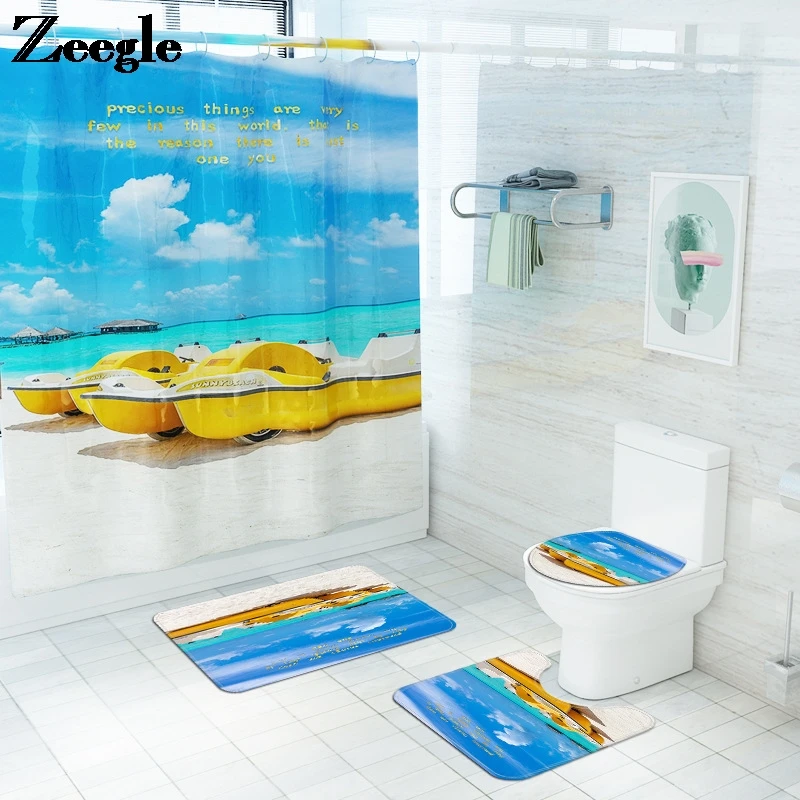 

Живописный узор, современный стиль, домашний декор, коврик для ванной и водонепроницаемый набор для душевой занавески с крючками, Противоск...