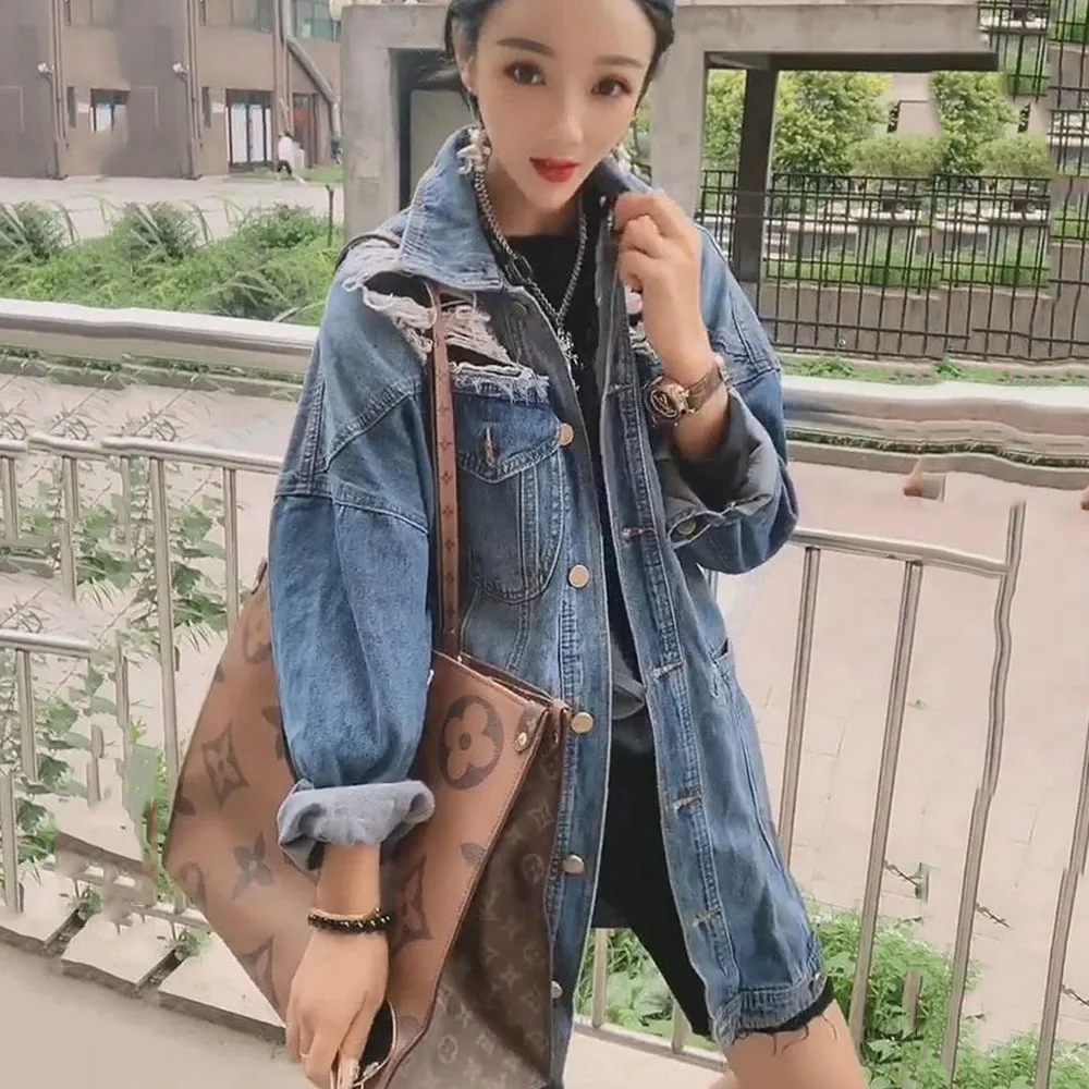 

Street Style Personality Ripped Jean Top Europe United State 2021 Spring Fall New Mid-length Denim Jacket Women Trend Windbreake