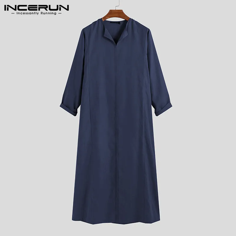 Navy Jubba tobe мужские однотонные мусульманский, Арабский исламский кафтан с длинным рукавом V шеи халаты Дубай Ближний Восток абайя мужская одежда INCERUN - Цвет: Navy