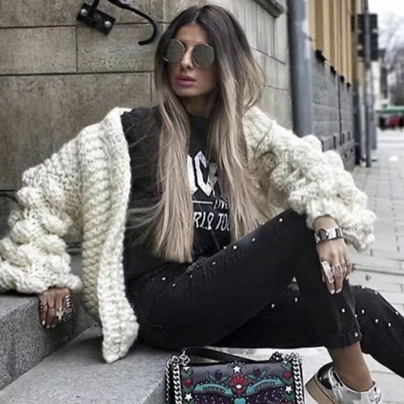 Autumn winter coarse wool hand-knit sweater women V-Neck lazy wind Rough Knitted Lantern Sleeved cardigan jacket Coat Tops |