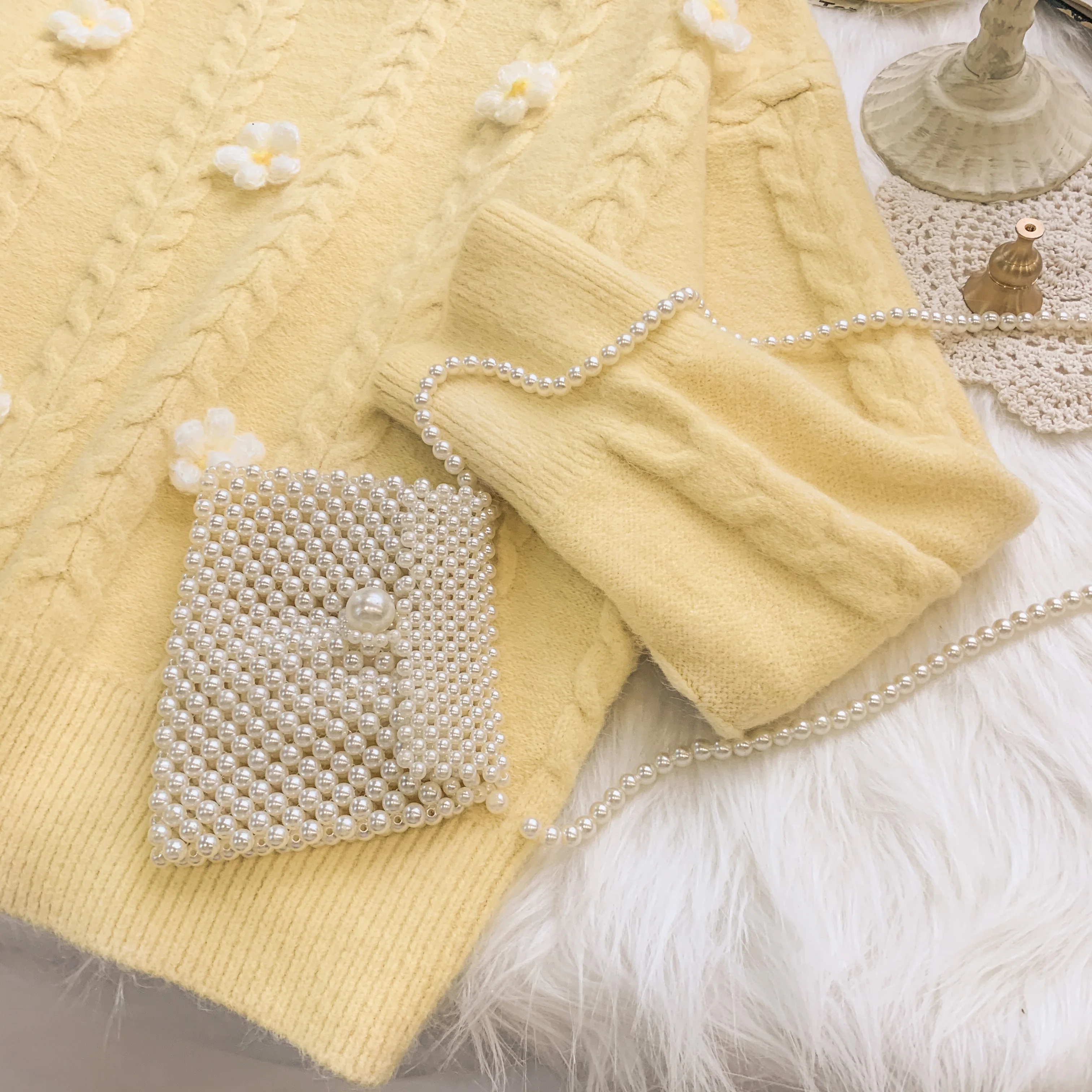

Outer jumper Sweater Women Autumn Winter Japanese Sweet Gentle Small Fresh Knitted Froal Milk Yellow Pullover Tops Girl Student