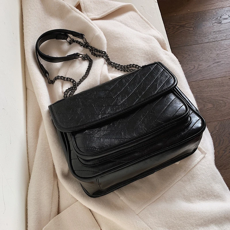 

Vintage Fashion Female Square Bag 2019 New High Quality Oil Leather Women's Designer Purses Handbag Chain Shoulder Messenger Bag