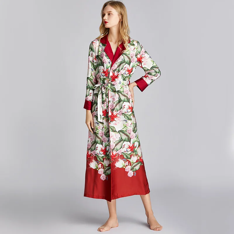 

Autumn New Silky Satin Robe Kimono Bathrobe Gown Lady Sleepwear Flower Printing Intimate Lingerie Lounge Nightgown Long Homewear