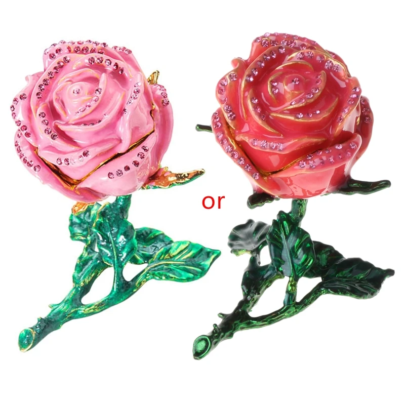 

Creative Alloy Rose Flower Jewelry Storage Box Faux Diamond Rings Earrings Case