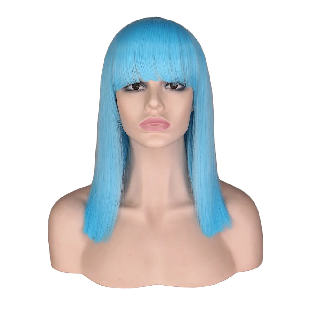 

QQXCAIW Short Wig Neat Bang Bob Style Straight Women Girls Cosplay Party Costume Light Blue 40 Cm Synthetic Hair Wigs