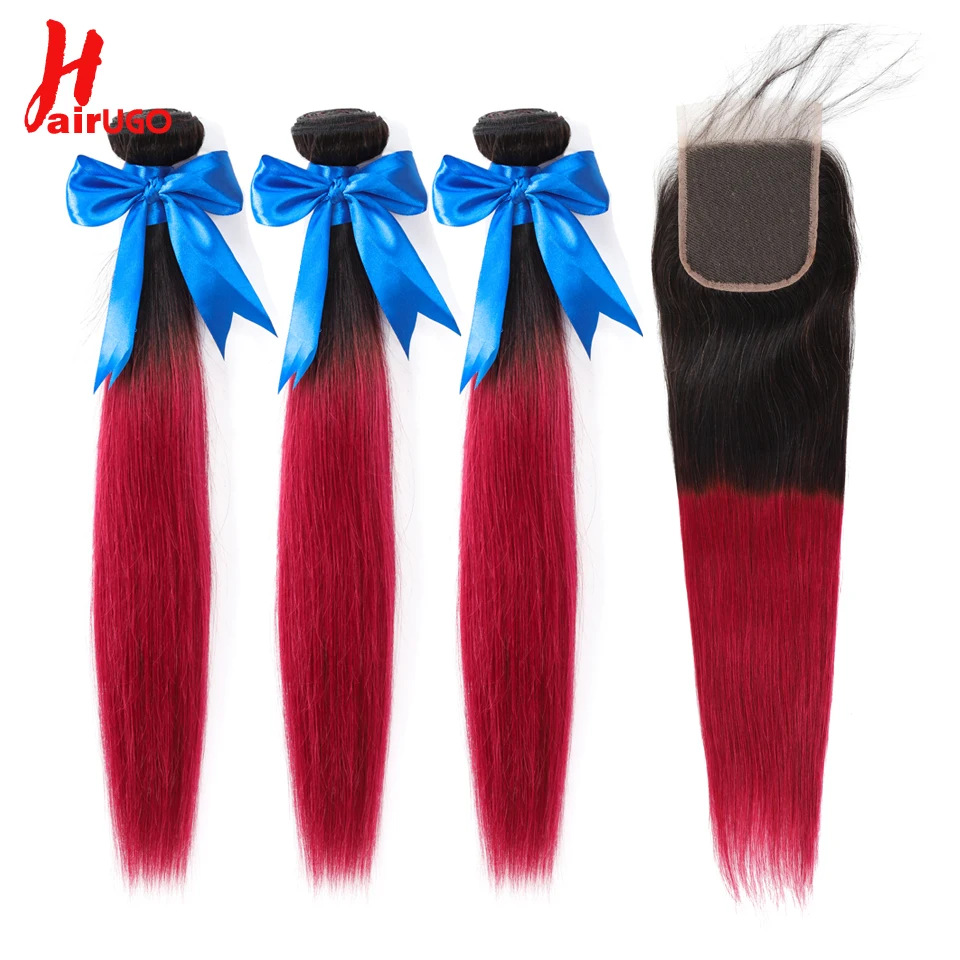 HairUGo бразильские пучки волос с закрытием Омбре прямые человеческие волосы не Remy