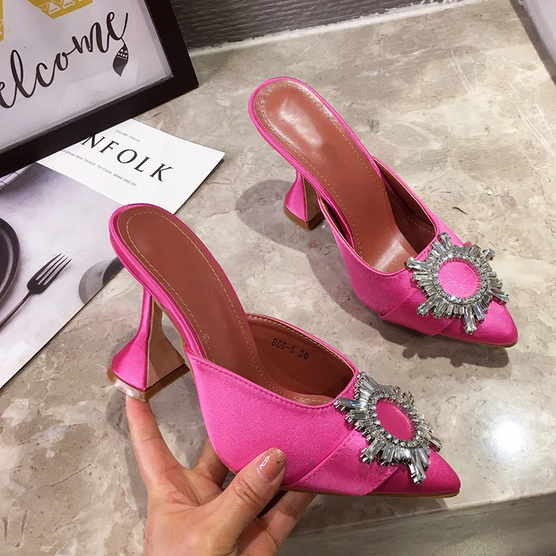 

2020 Satin Gladiator Sandals Women Pointed Toe Rhinestone Sun Flower Strange High Heel Shoes Woman Sexy Slippers Sandals