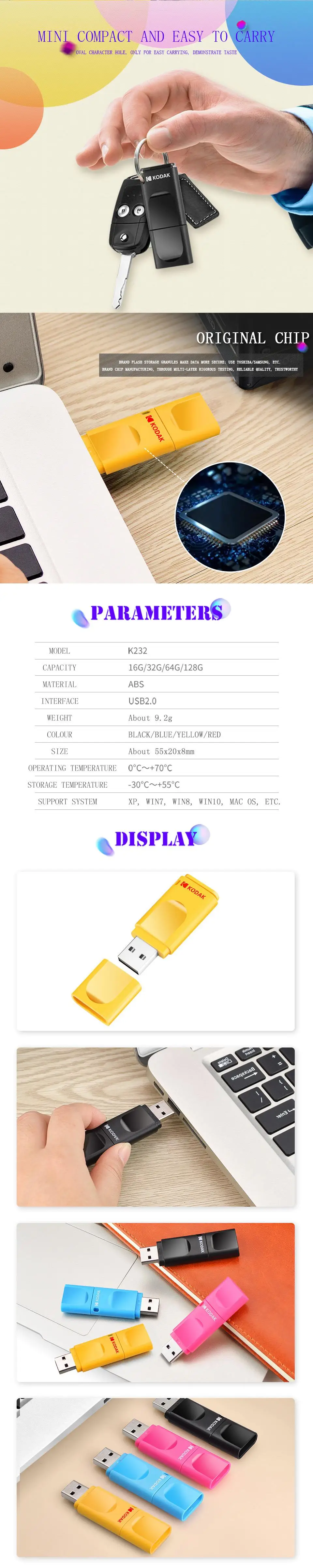 Kodak USB флеш-накопители K232 флеш-накопитель 16 ГБ 32 ГБ 64 ГБ 128 ГБ USB 2,0 U диск мини-карта памяти флеш-накопители