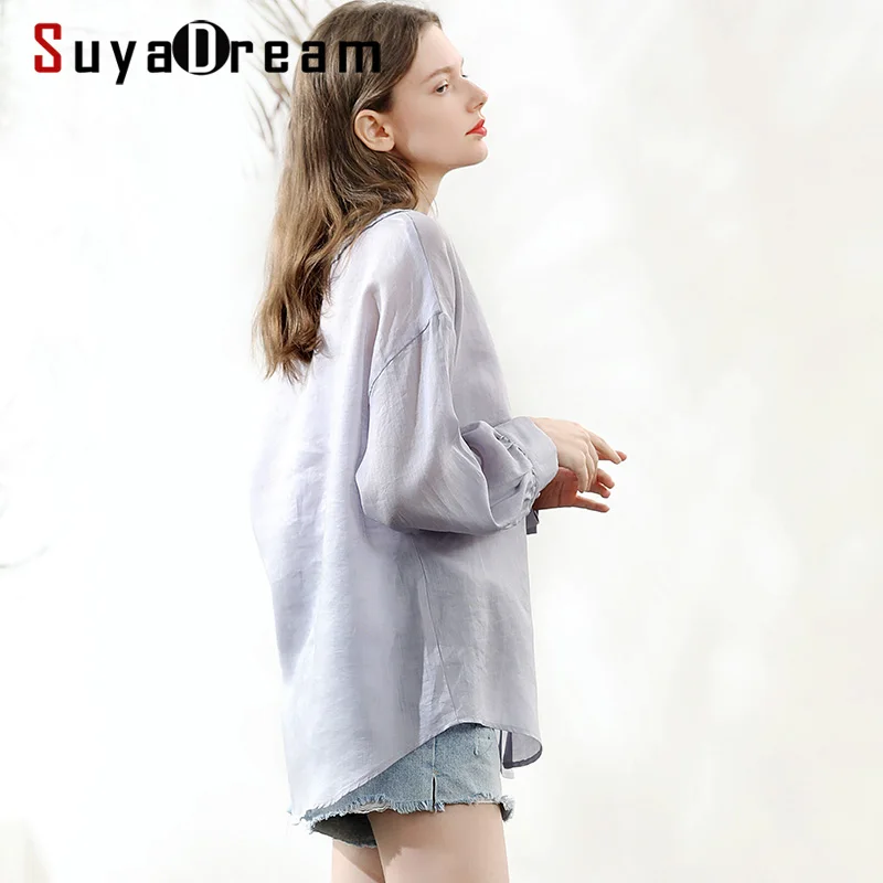 Блузка SuyaDream женская однотонная повседневная рубашка из рами с длинными рукавами