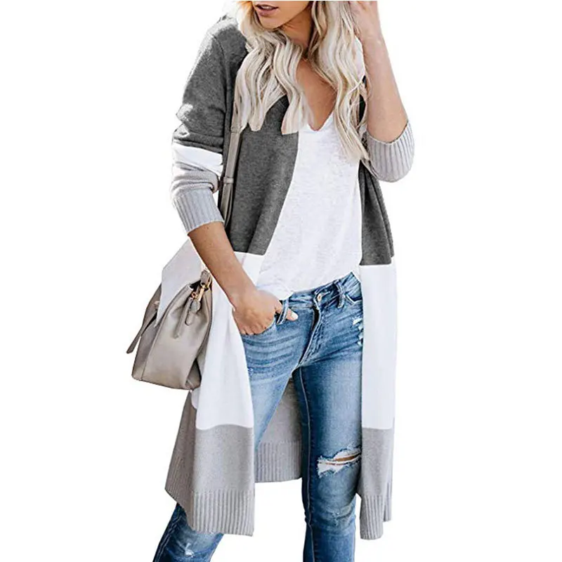

Cnmyou 2020Autumn and Winter long knitted sweater patchwork stripes cardigan sweater coat for women