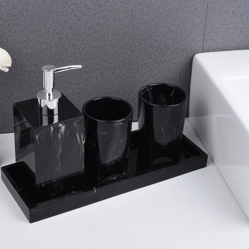 

Marble Texture Bathroom Supplies Black 4Pcs Resin Bathroom Accessories with Dispenser Toothbrush Holder Soap Dispenser