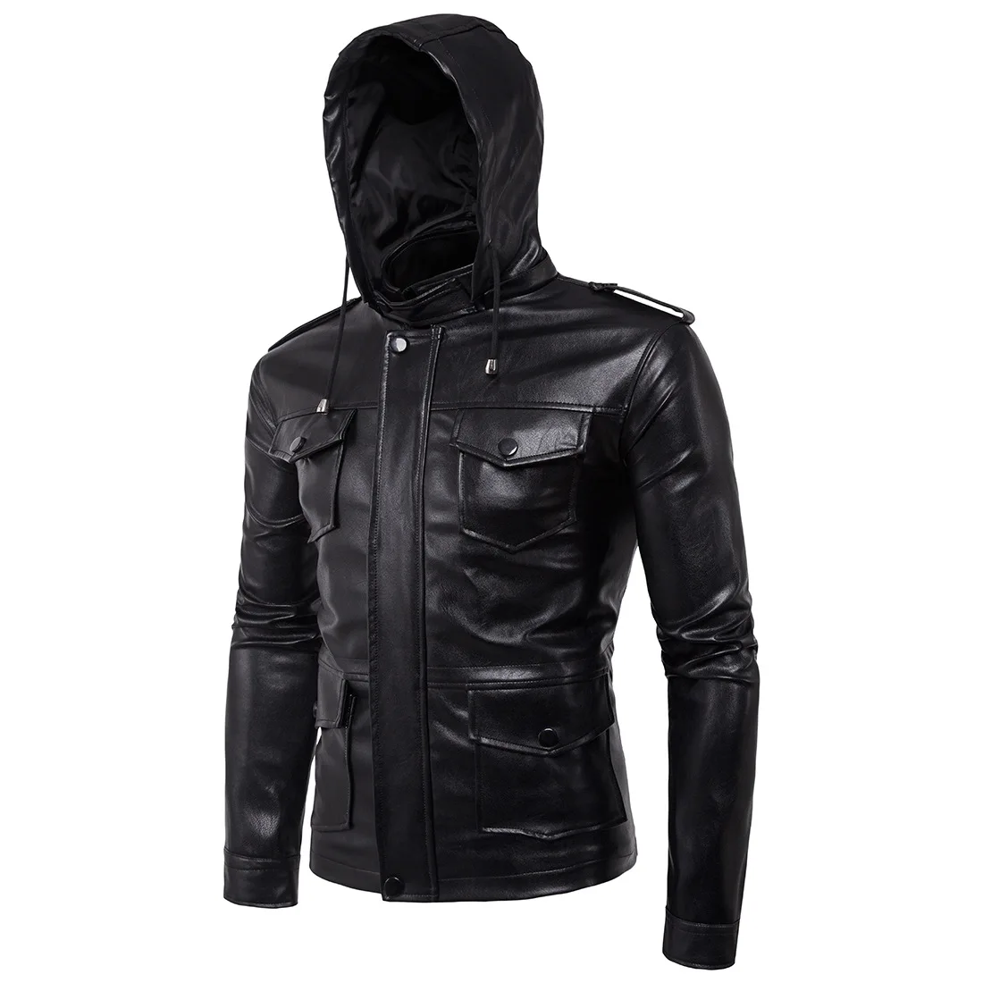 

2020 Europe And America Men Locomotive Hooded MEN'S Leather Jacket Coat Two-Piece Leather Coat Men's European