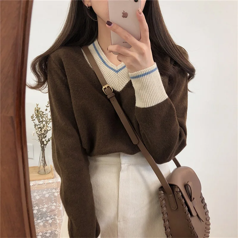 

2021 Winter Korean New Female Harajuku Chic Sweater Retro Striped Contrast All-Match V-Neck Women'S Kawaii Sweaters 9170