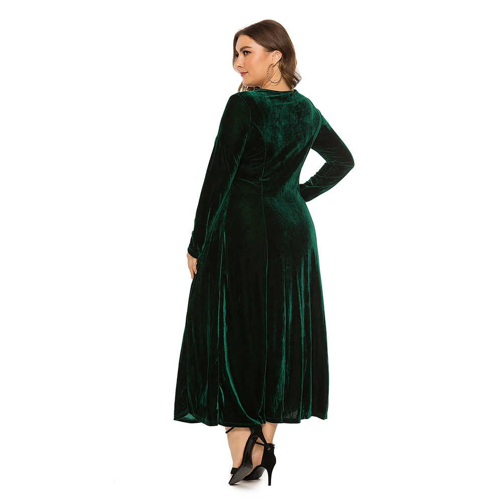 Осеннее бархатное платье с длинным рукавом для женщин круглым вырезом и длинными