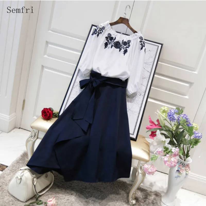 

Semfri 2020 Spring Summer Women Two Piece Set French Retro Dress Suit Female Embroidery Mid Length Dress Two-piece Set