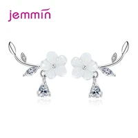 women cubic zircon flower coquillage korean crystal stud earrings 925 sterling silver plum blossom leaf ear pierced jewelry