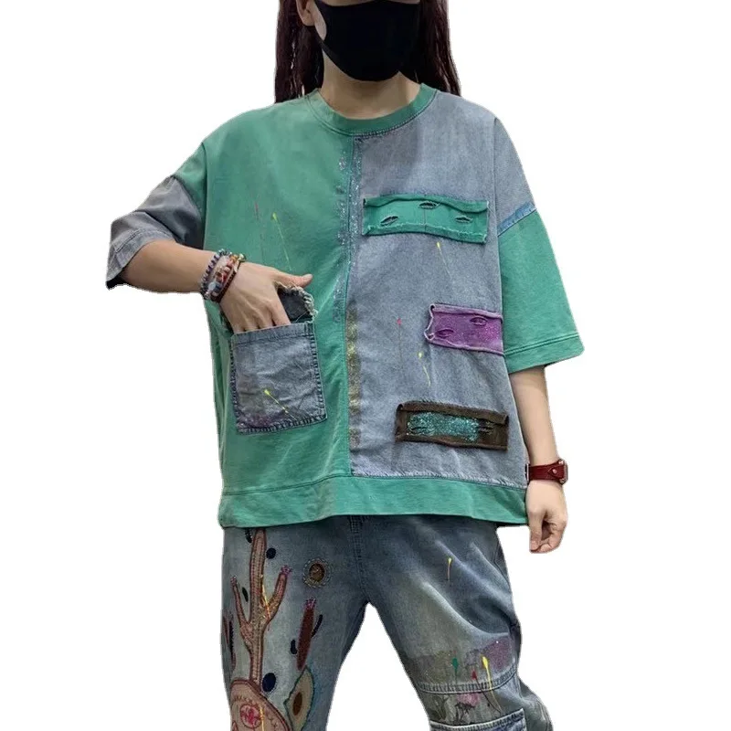 

Футболка женская джинсовая в стиле пэчворк, с дырками