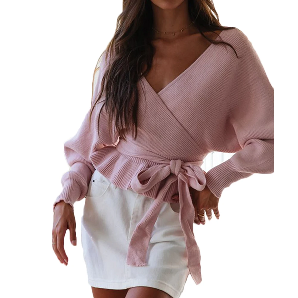 4 Colors Sexy V Neck Wrap Belts Women Office Sweaters Backless Casual Jumper Solid Color Long Sleeves Knitwear Female Pullovers | Женская