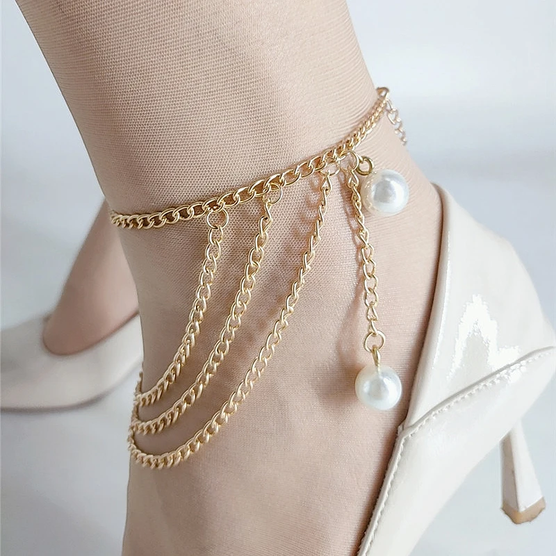 

Sexy Cool Girl Tassel Multi-layer Foot Chains Sandy Beach Barefoot Sandals Wedding Women Ankle Pearl Pendant Anklets Accessories