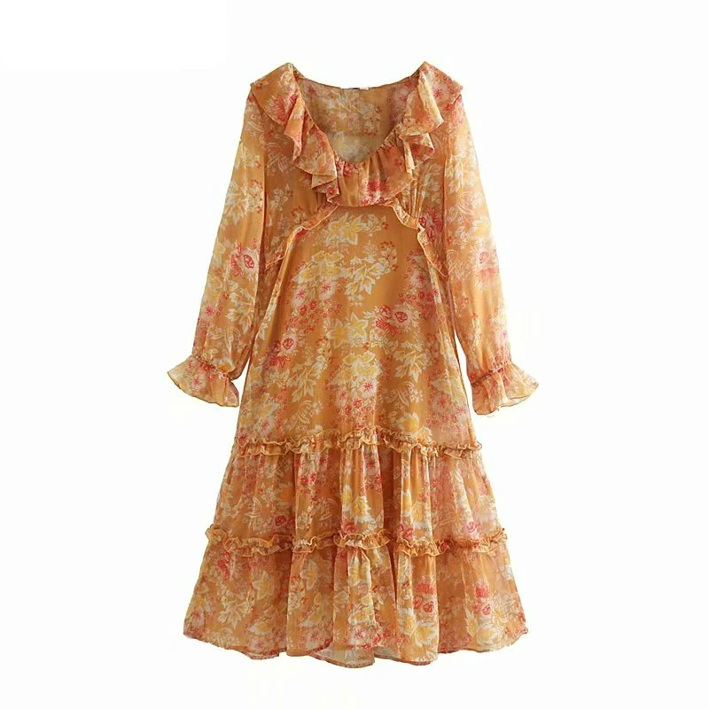 Женское платье-миди с цветочным принтом V-образным вырезом и длинным рукавом |