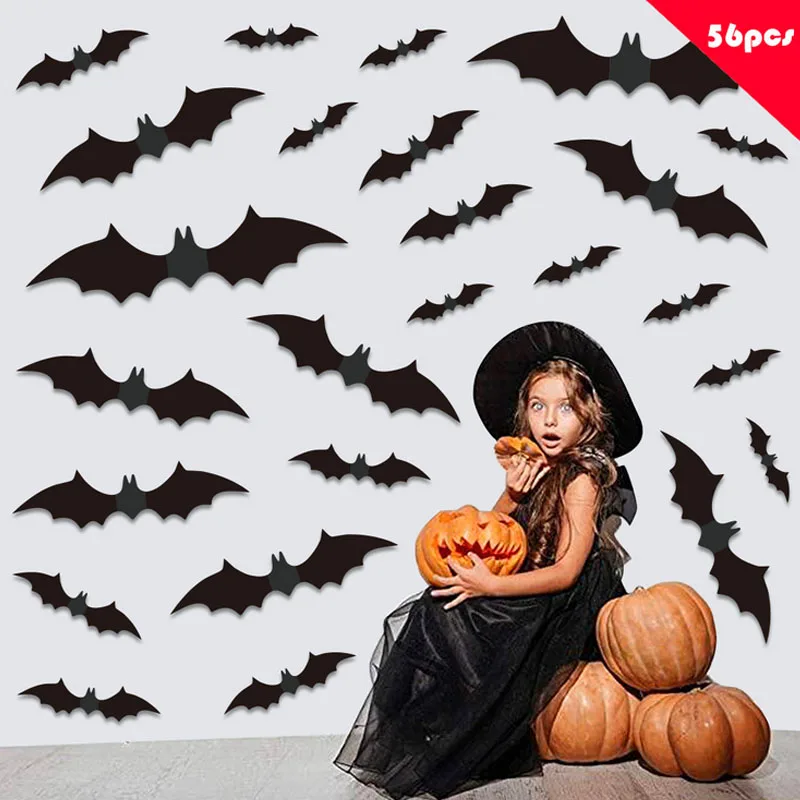 

56pcs Halloween Decoration 3D Black PVC Bat Halloween Party DIY Decor Bar Room Halloween Party Scary Decos Props Wall Sticker