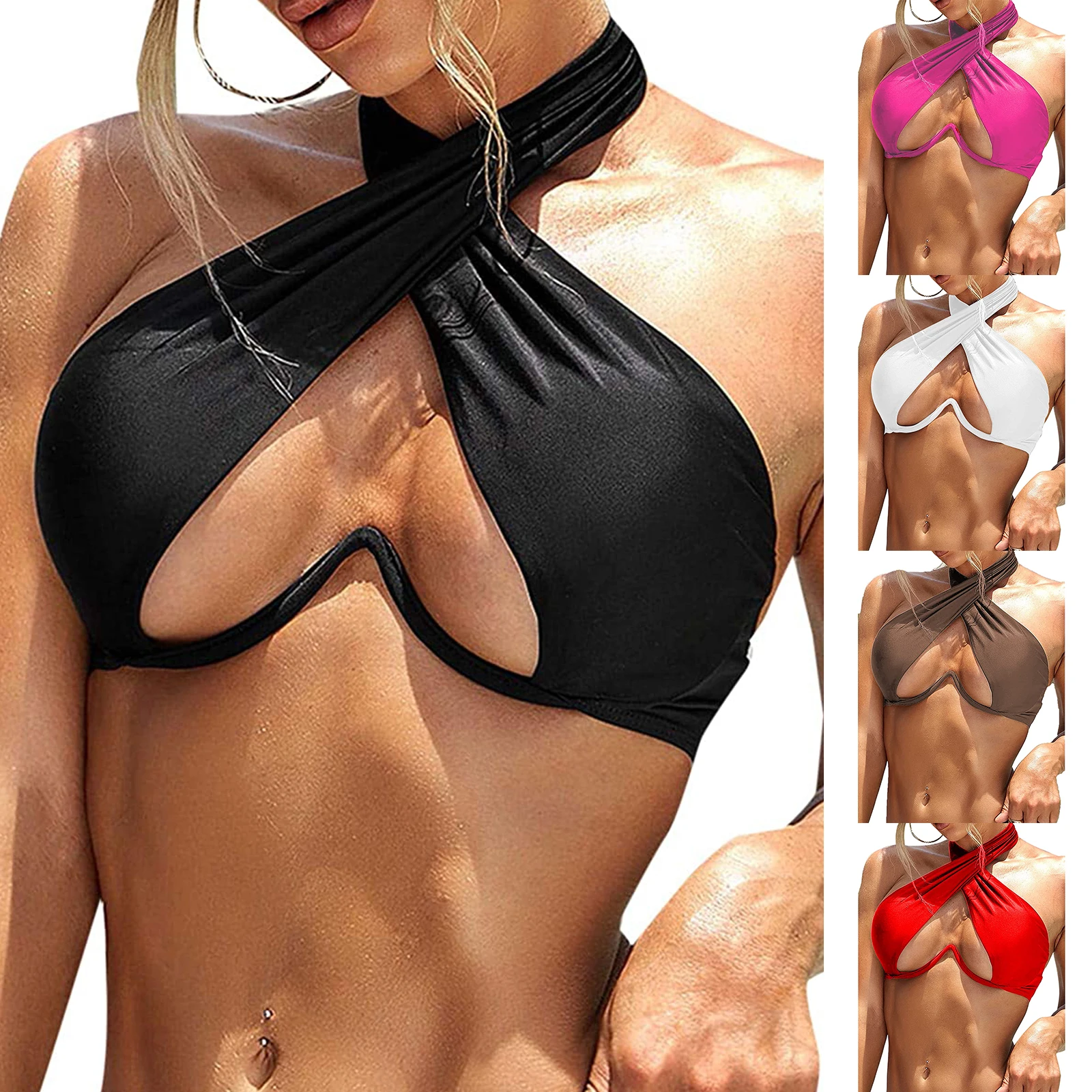 

2022 Solid Color Swimwear Women Criss-Cross Halter Cutout Underwire Bikini Bra Top Multi-purpose Sexy Two-piece Separates Bra