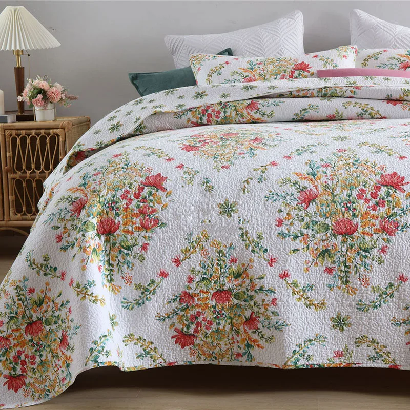 

CHAUSUB Cotton Bedspreads For Bed Quilt Set 3pcs Flower Quilted Quilts Bed Cover Shams King Queen Size Coverlet Print Blanket