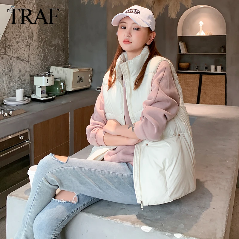 

TRAF ZA 2021 Winter Warm Vest Stand Collar Solid Glossy Gilet Hidden Pockets Woman Cotton Padded Sleeveless Jacket Waistcoat