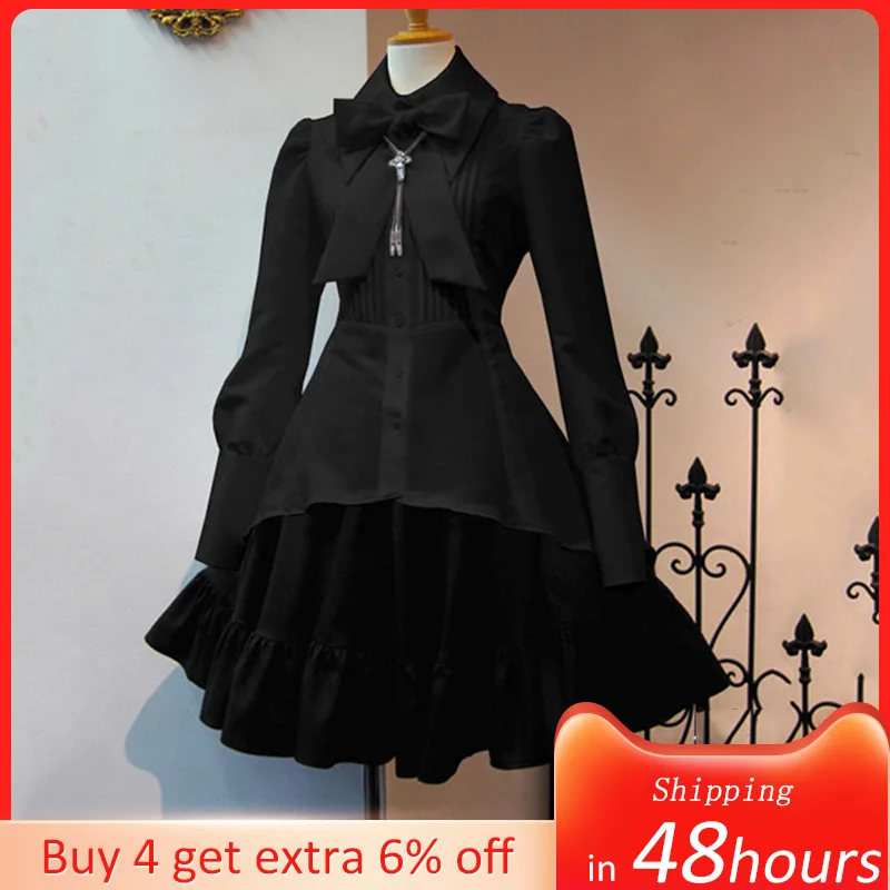 Женское платье с бантом на воротнике готическое Элегантное Черное