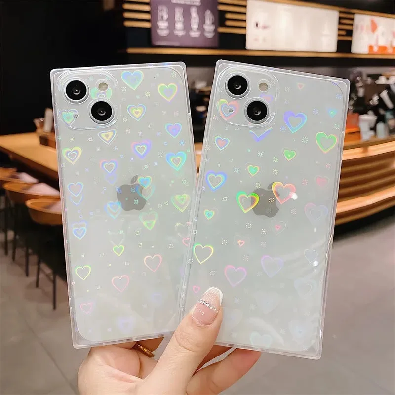 

Square Holographic Laser Heart Camera Protection Case for iPhone 13/12/11 ProMax XR XSMax 8 7 Plus Transparent Soft Capa Fundas