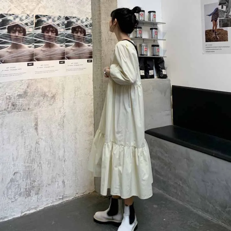 

2020 New Autumn Women Solid Color Dress Vintage Square Collar Puff Sleeve Black Dress Korean Casual Loose Fashion Spring Dress