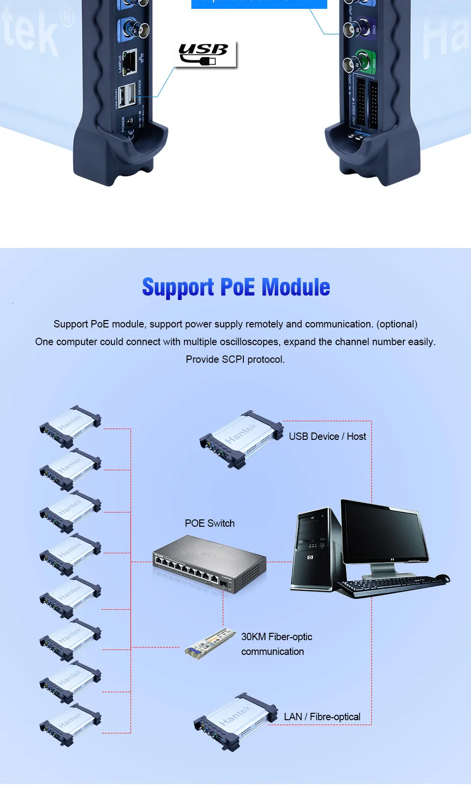 Hantek DSO3000A USB осциллографы 4CH 100-250Mhz 1GSa/s PC хранение генератор сигналов 16 каналов логический анализатор тестер формы волны