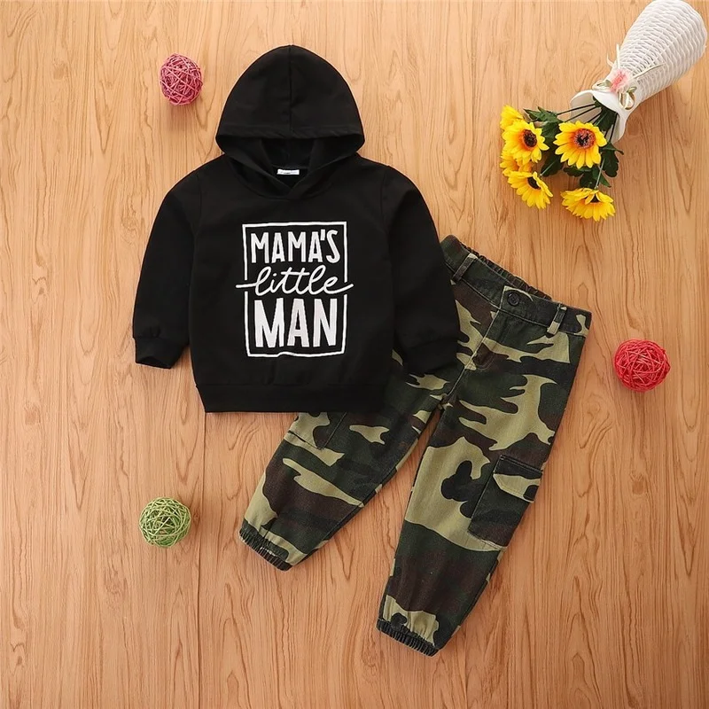 

Two Piece Black Letters Hoodies Set School Boy Boutique Clothes Baby Sporty Hooded+Camouflage Cargo Pants Fashion Suit EY10142