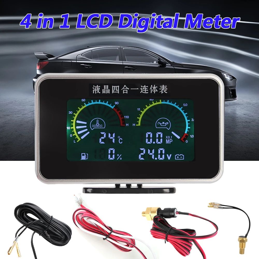 

Voltmeter Water Temp Meter LCD Car Digital Oil Pressure Gauge 4 In 1 Car Modification Digital Display Sensor Instrument Panel