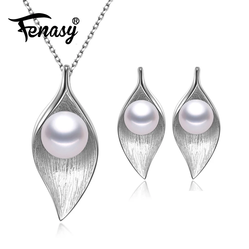 

FENASY 925 Sterling Silver Pendant Necklace Natural Pearl Jewelry Sets For Women Classic Stud Earrings Fashion Party Rings