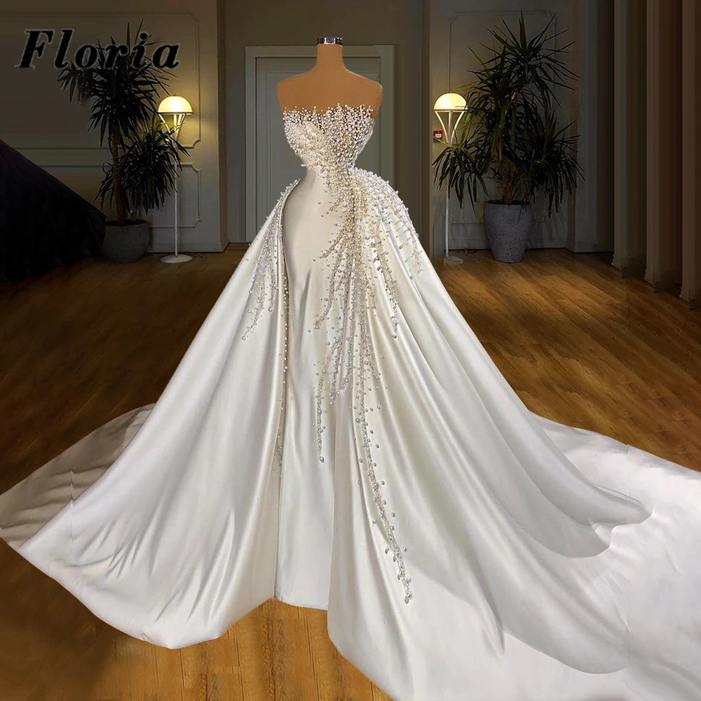 

Gorgeous Handmade Beaded Wedding Dresses Detachable Skirt 2021 Middle East Satin Bridal Gowns Dubai Bride Dress Vestidos Noiva