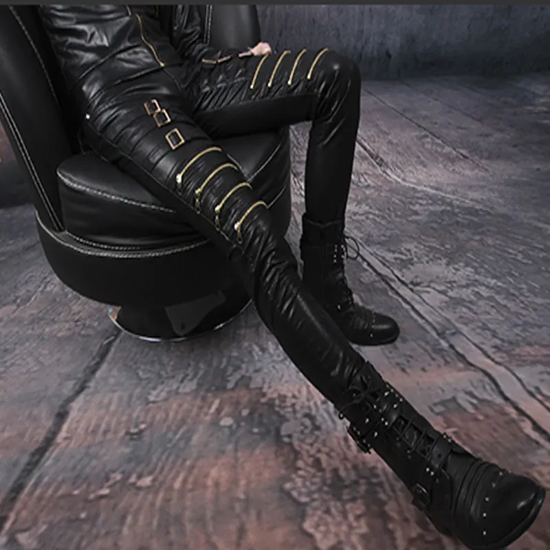 Брюки мужские зимние на молнии облегающие черные кожаные брюки узкие в стиле хип