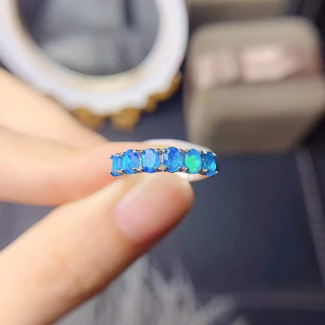 

New Natural Faceted Blue Opal Ring 925 Silver Lady's Ring Color Opal Luxury Elegant Wedding Engagement Gift