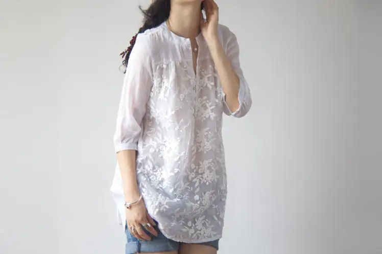 Женская длинная туника с вышивкой летняя свободная большого размера модель V142