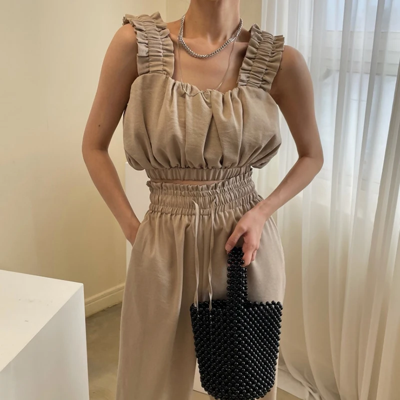 

Women Suit 2021 Summer Korean Fashion Solid Color Sexy Vest Top + High Waist Wide Leg Pants Casual Lady 2 Piece Sets