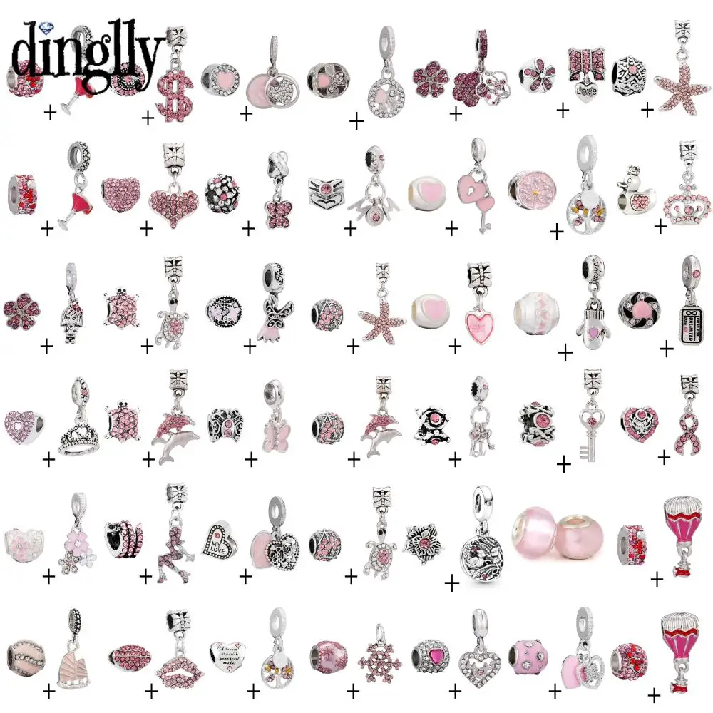 

DINGLLY 2pcs Pink Rhinestone Animal Bead Heart Charm Fit Diy Bead Bracelets & Necklace Handmade Jewelry Making Accessory Pendant