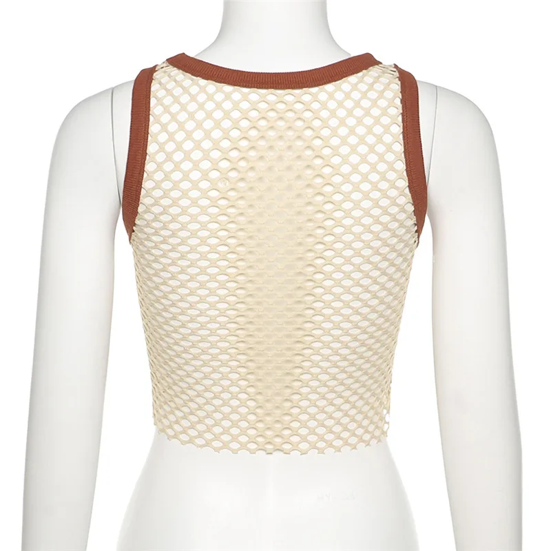 

2021 New Arrivals Summer Fashion Sleeveless O Neck Patchwork Mesh Transparent Bodycon High Street Women Tops Camis